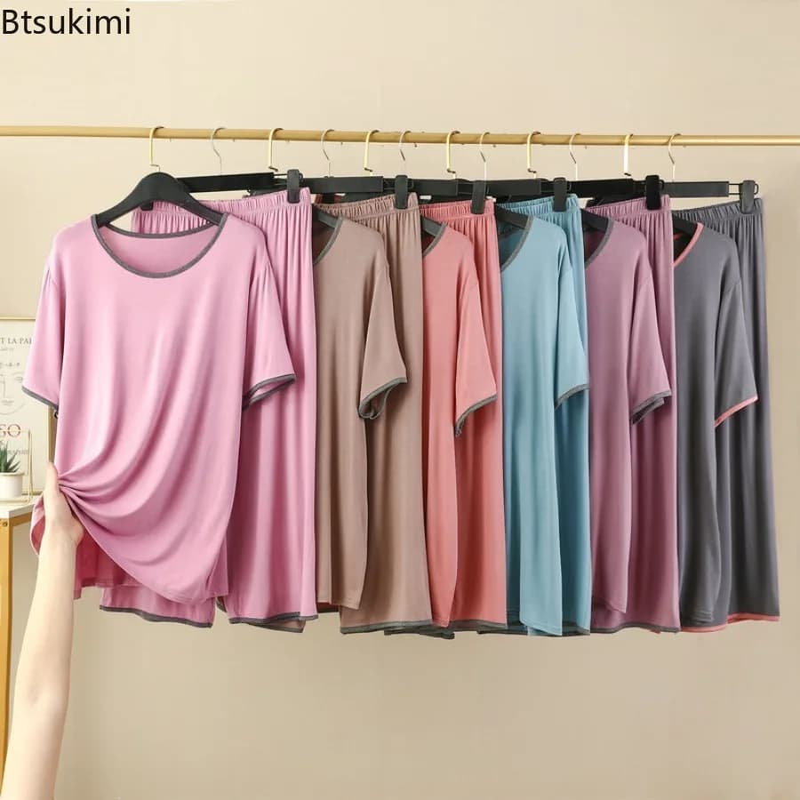 New Summer Women's Modal Pajamas Set Short-Sleeved Round Neck Tops and Cropped Pants Two-piece Set Casual Loose Sleepwear Set