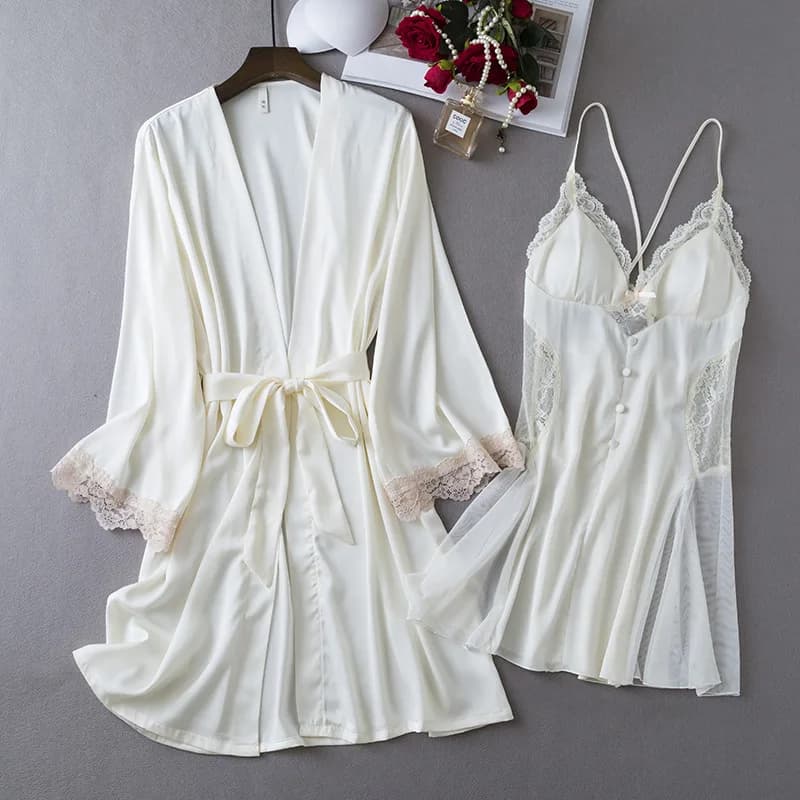 Kimono estivo in raso accappatoio abito 2 pezzi Set da notte sposa abito da sposa abito Lingerie donna camicia da notte in pizzo pigiameria HomeWear