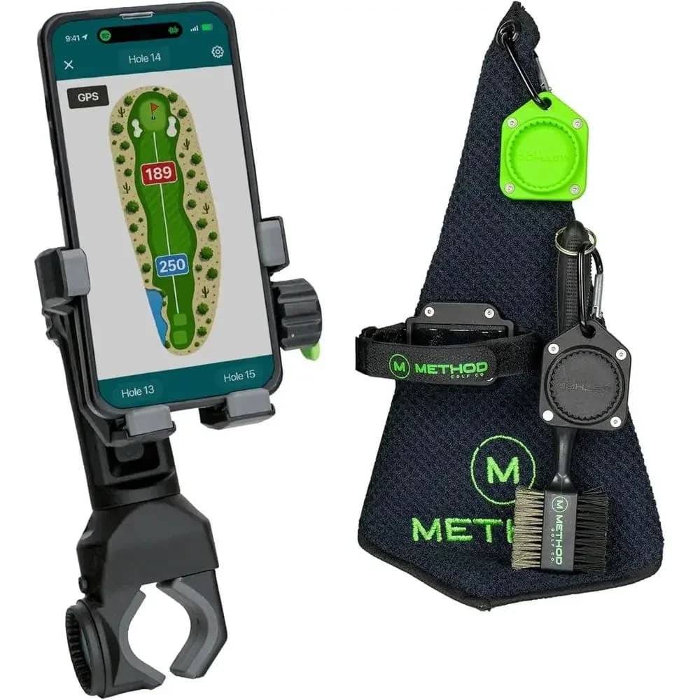 Push Cart Pro Pack - Magnetic Holder, Range Finder Strap, Microfiber Towel, and Club Brush with Tile Attachment