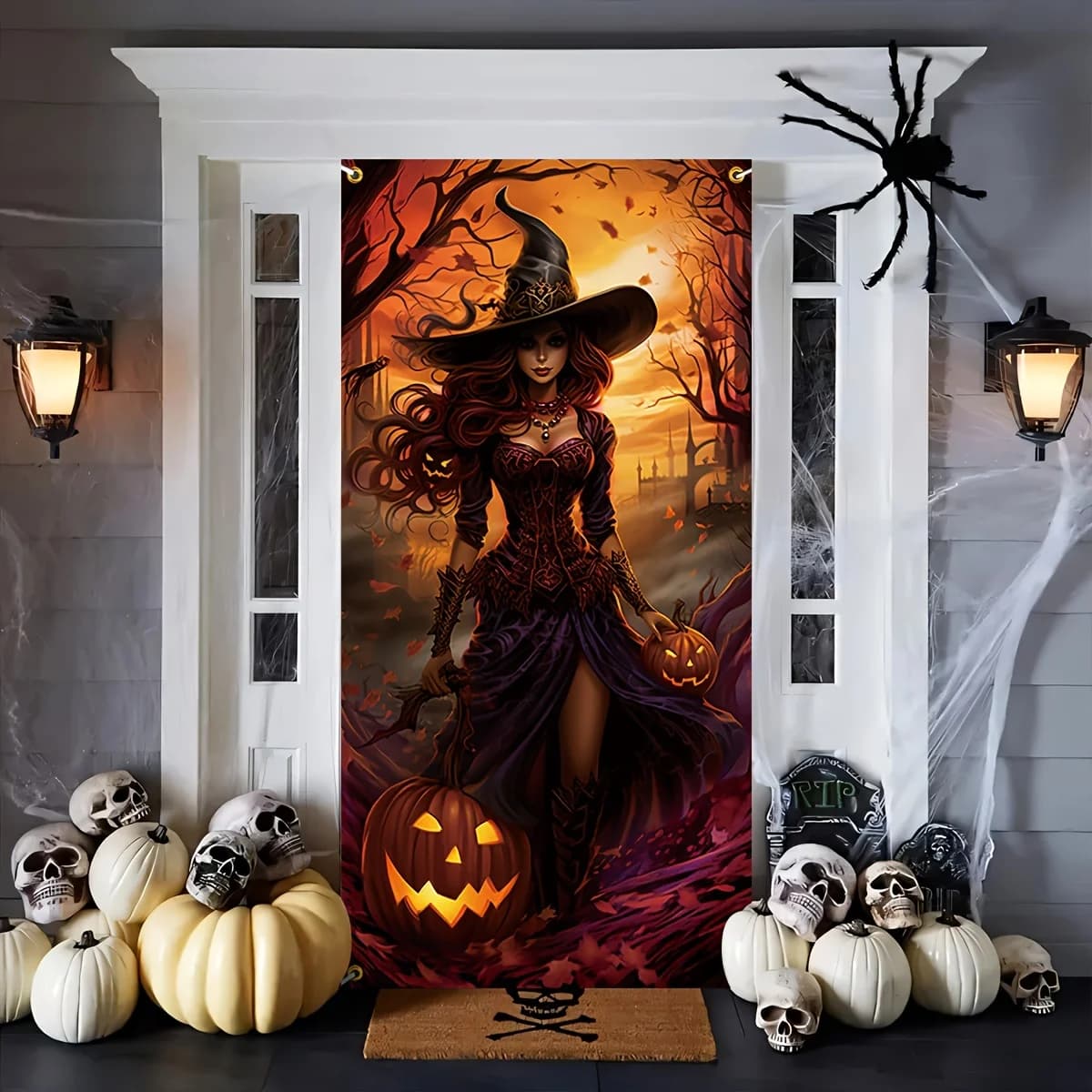 4 Grommets Door Banner An Elegant and Beautiful Halloween Witch Door Curtain for Festive Decoration for Indoor Garden Gates