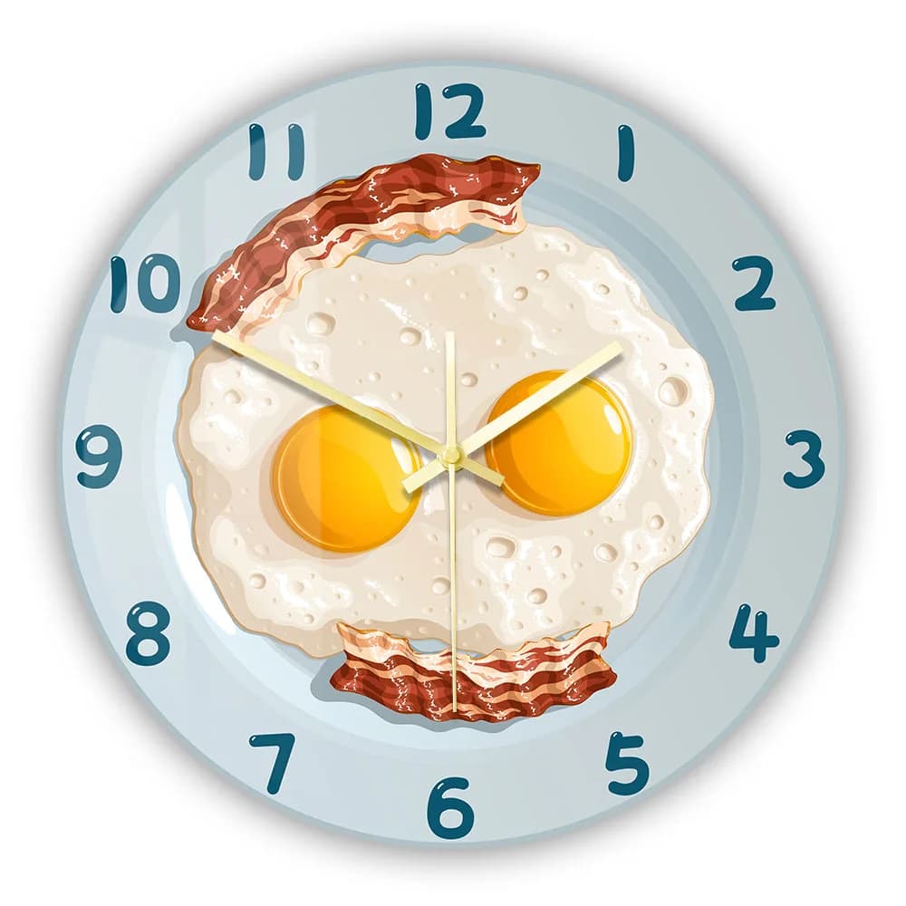 Smooth and fried eggs smile wall clock for kitchen dining room eggs jumped bacon breakfast food art decorative wall clock
