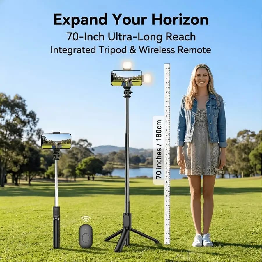 70 Inch Extendable Selfie Stick Tripod With Dual Fill Lights And Wireless Remote For Smartphones