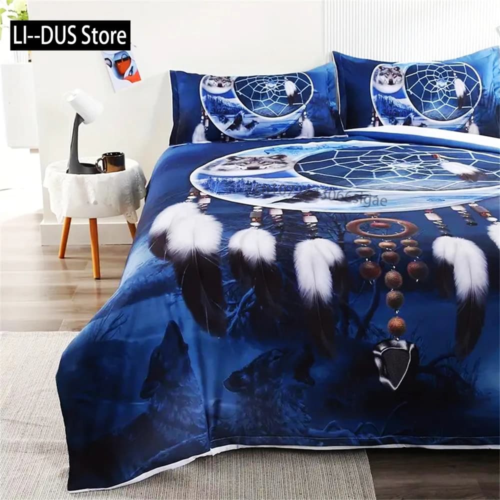 Set di biancheria da letto stampato Moon Wolf da 3 pezzi Set copripiumino per camera degli ospiti in stile nazionale Dreamcatcher