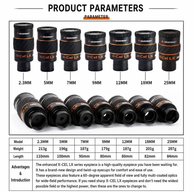 1.25 Inch Celestron X-CEL LX Series 60° Telescope Eyepiece 2.3/5/7/9/12/18/25mm