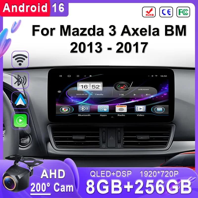 Autoradio Android 16 da 12,3 pollici per Mazda 3 Axela BM 2013-2017 con CPU ad alte prestazioni, sistema multimediale da cruscotto, plug and play, touchscreen.