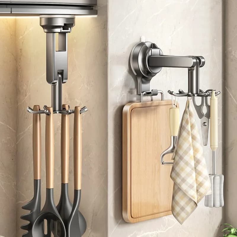 Portaoggetti da Cucina Multifunzionale a Parete con Ventosa, con Vano Portaoggetti Integrato, Senza Foratura e Ganci Girevoli