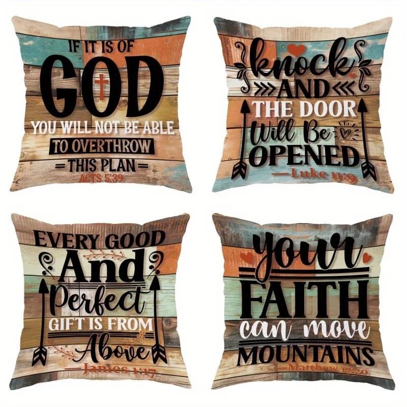 4pcs Inspirational Bible Verse Throw Pillow Covers - Retro Wooden Style Short Plush Pillowcases with Zipper Closure, 17.7x17.7 I
