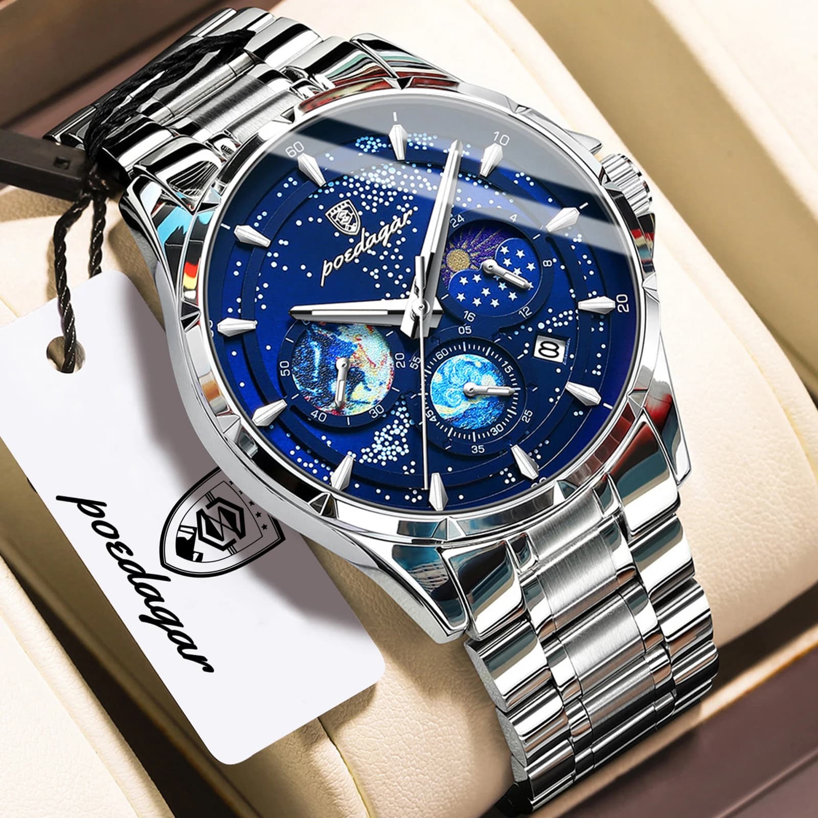 POEDAGAR Orologio da Uomo di Lusso Cronografo con Data in Acciaio Inossidabile al Quarzo Luminoso Impermeabile Moda Orologi da Uomo Reloj+Scatola
