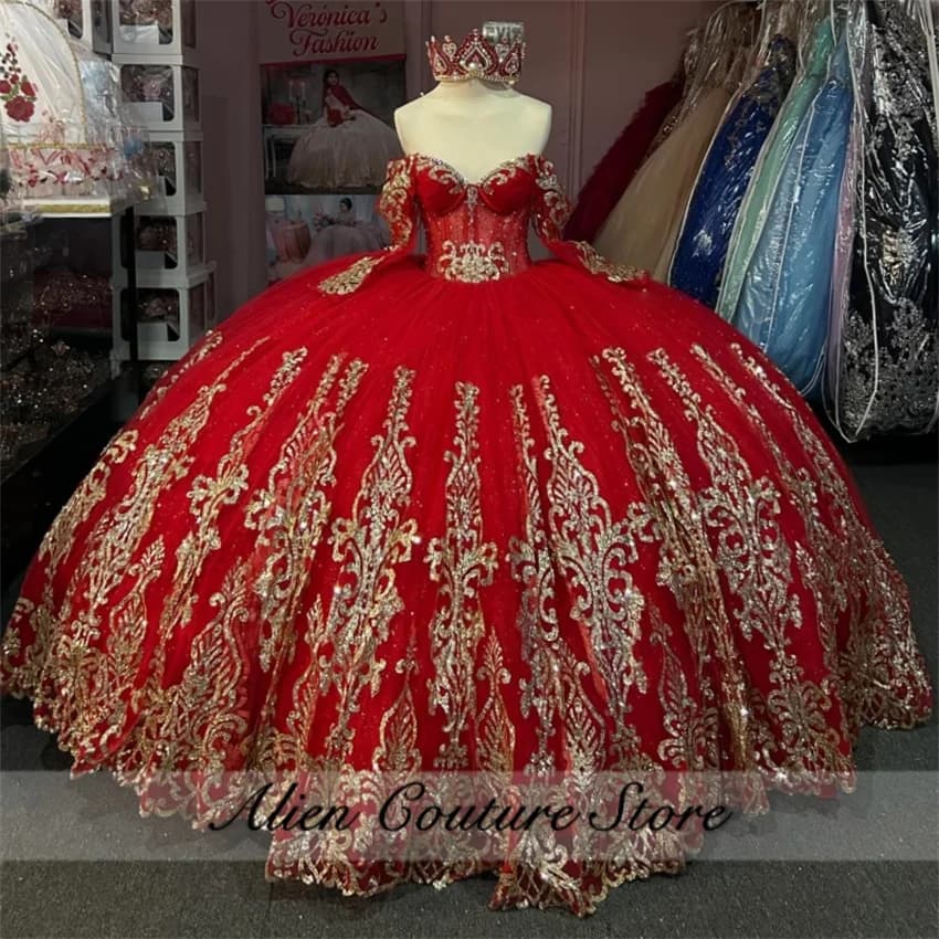 Abiti Quinceanera con perline a maniche lunghe rosse Abito da ballo con paillettes Appliques Cristalli Abito da festa di compleanno dolce 15 personalizzato