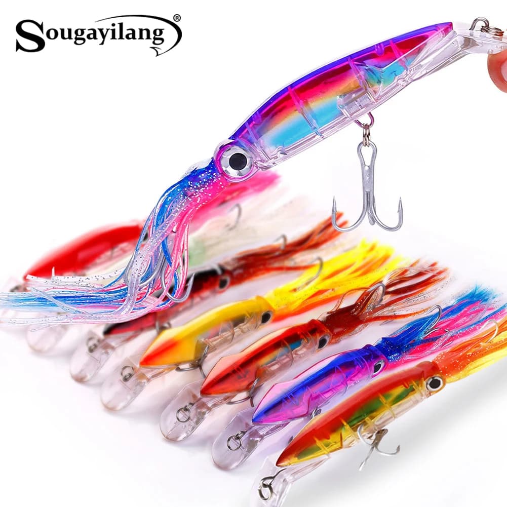 Sougayilang Simulazione Calamari Esca 3D Occhio Stereoscopico + Bordo Gonna in Silicone + Peso Piombo + Gancio da Pesca Affilato Simulazione Esca da Pesca