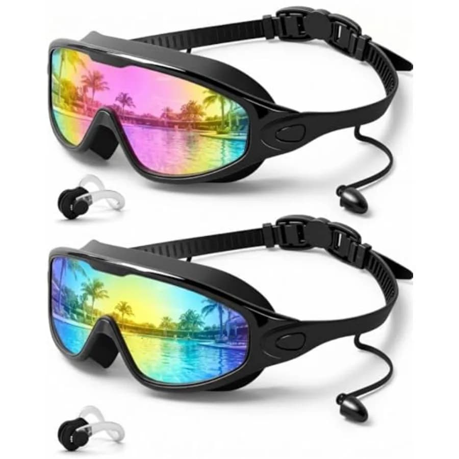 Swim Goggles 2 Pack, Wide View Anti FogandUV Swimming Goggles for Audlt, No Leak Pool Beach Essentials for Men Women