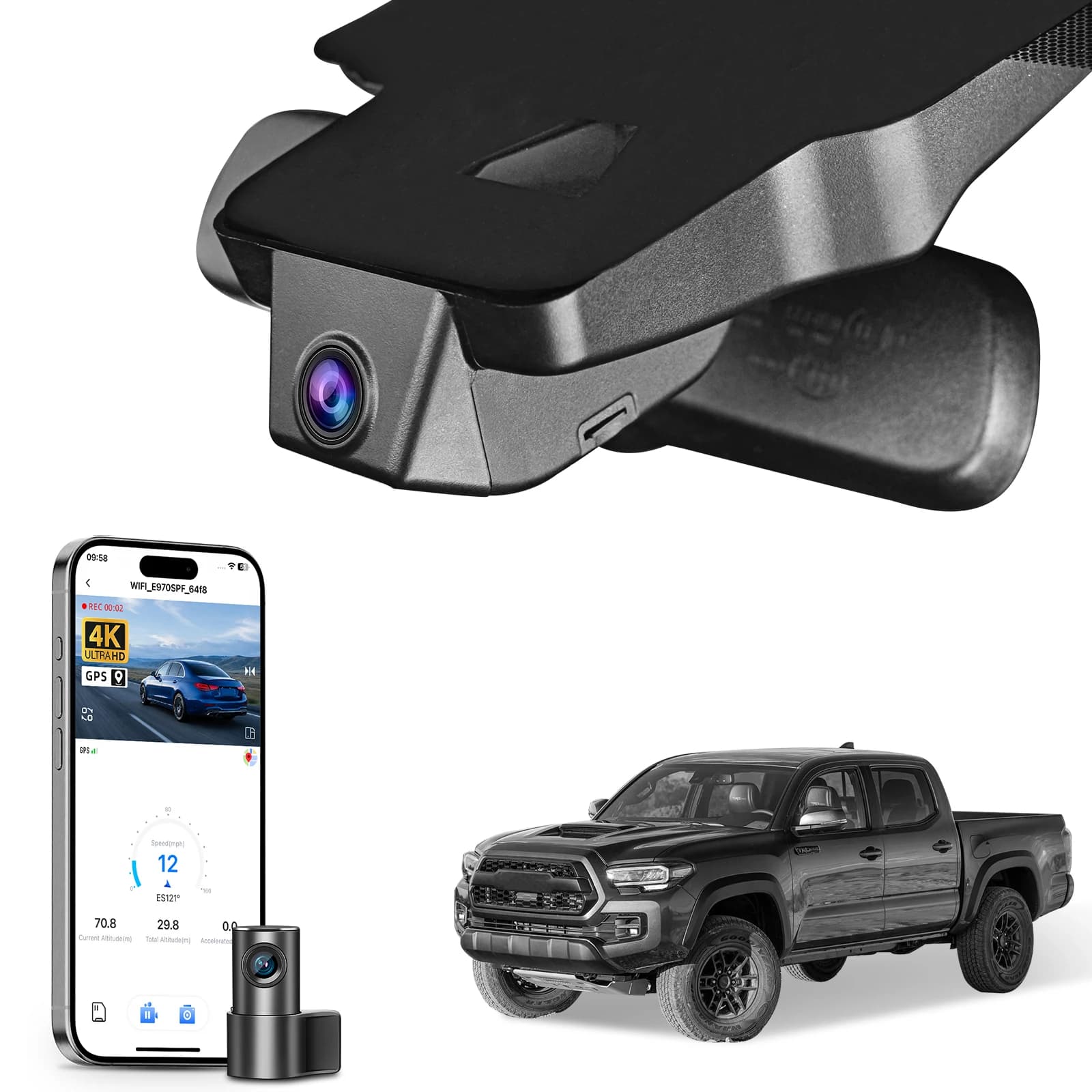 Dash Cam 4K Mangoal for Toyota Tacoma 2018-2026 (A/B model) with Night Vision, GPS, WiFi, APP Recorder and 64GB/128GB Card