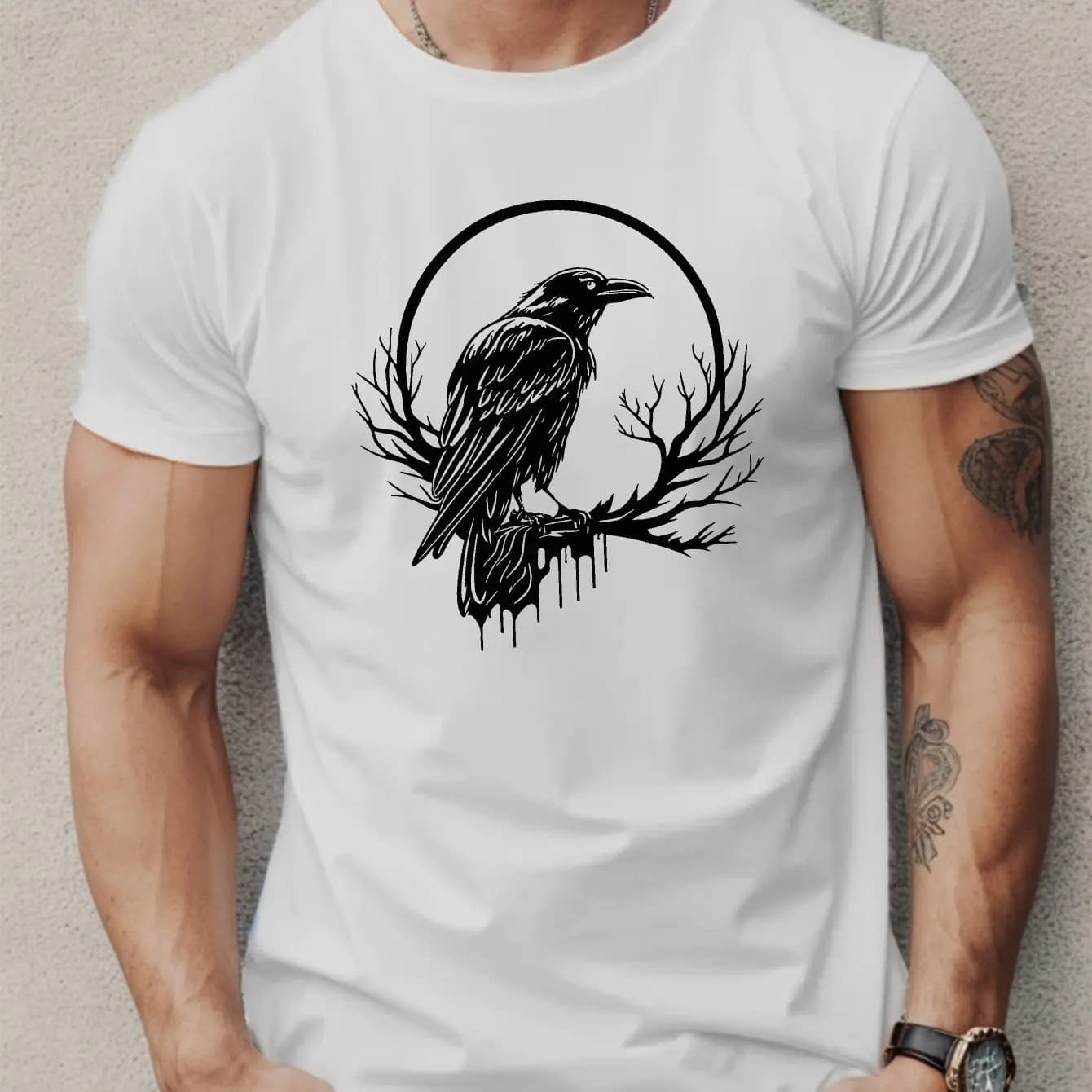 Geometric Crow Design Men's Short Sleeve T-Shirt Summer Wear Regular Fit Casual Style Microfiber Men Clothing Comfortable