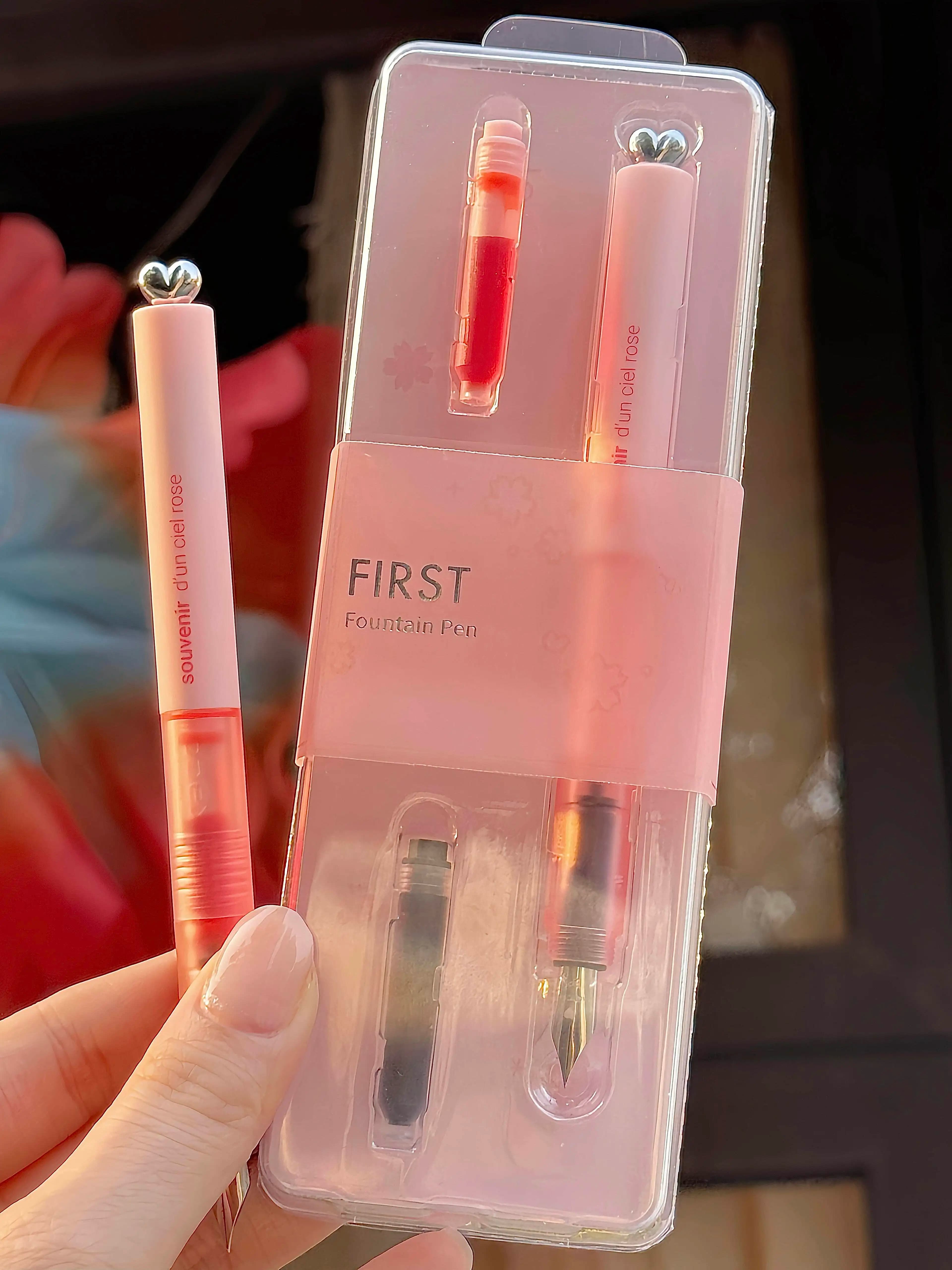New Kaco Cute Pink Fountain Pen Set,EF Pen Tip Contain Pink & Black Ink Sacs,Beginner Calligraphy Practice Stationery Supplies