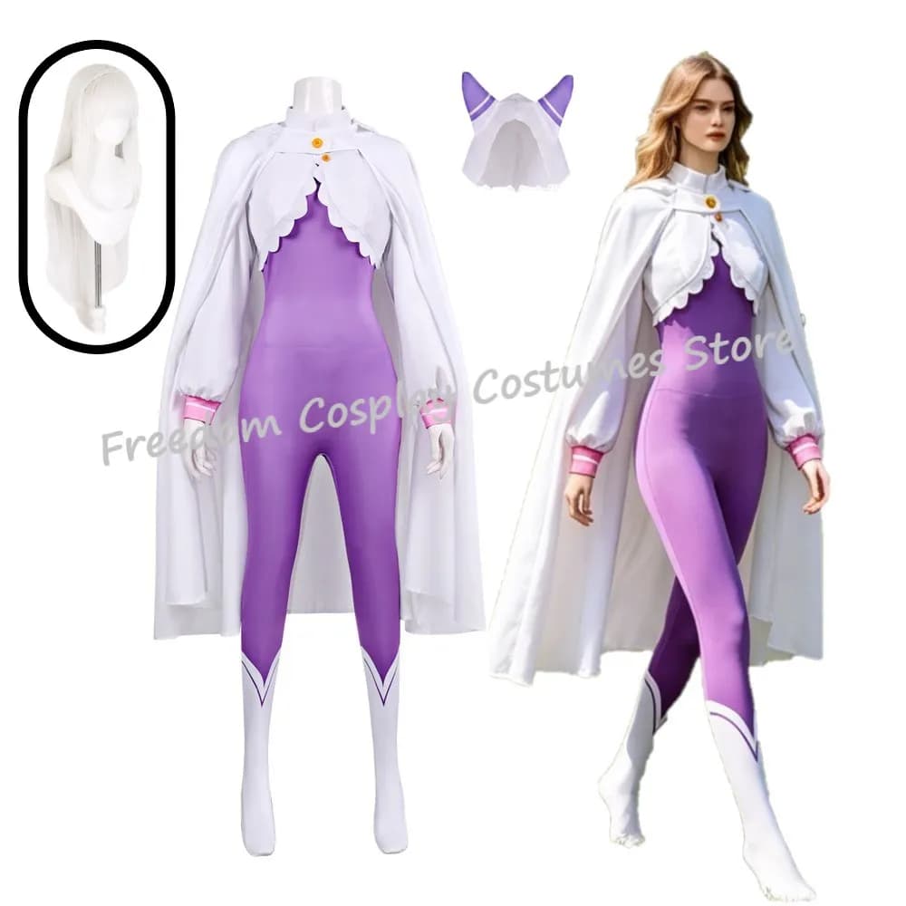 NUOVO Costume Cosplay Emilia Rezero con Parrucca, Body Viola Sexy e Mantello, Outfit per Feste di Halloween Ispirato ad Anime Re:Zero per Donne
