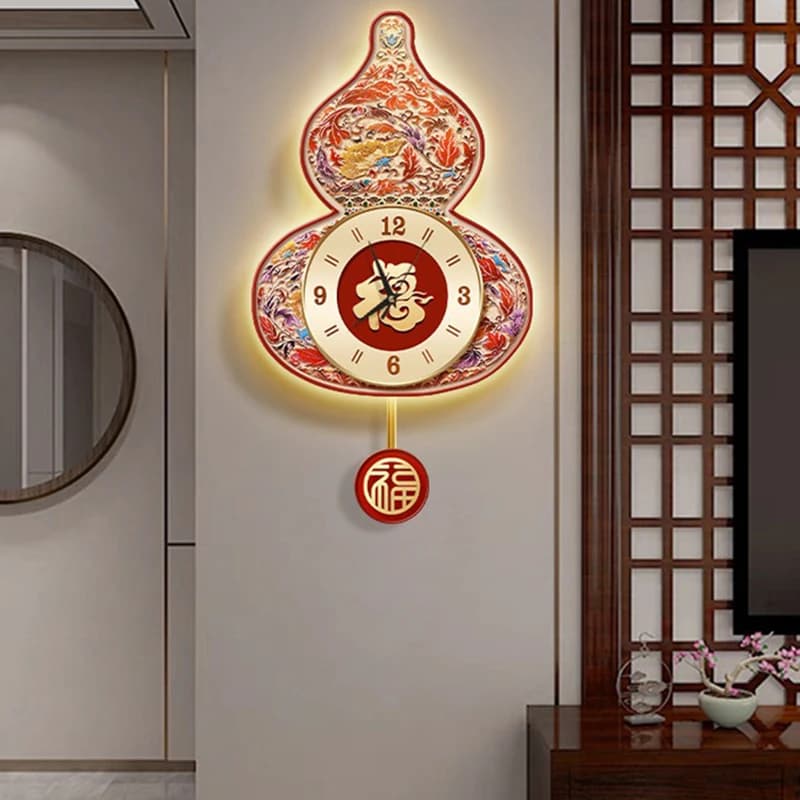 Orologio da Parete Moderno in Stile Cinese a Forma di Zucca con Carattere Fu Illuminato a LED per Decorazione Sfondo TV Soggiorno