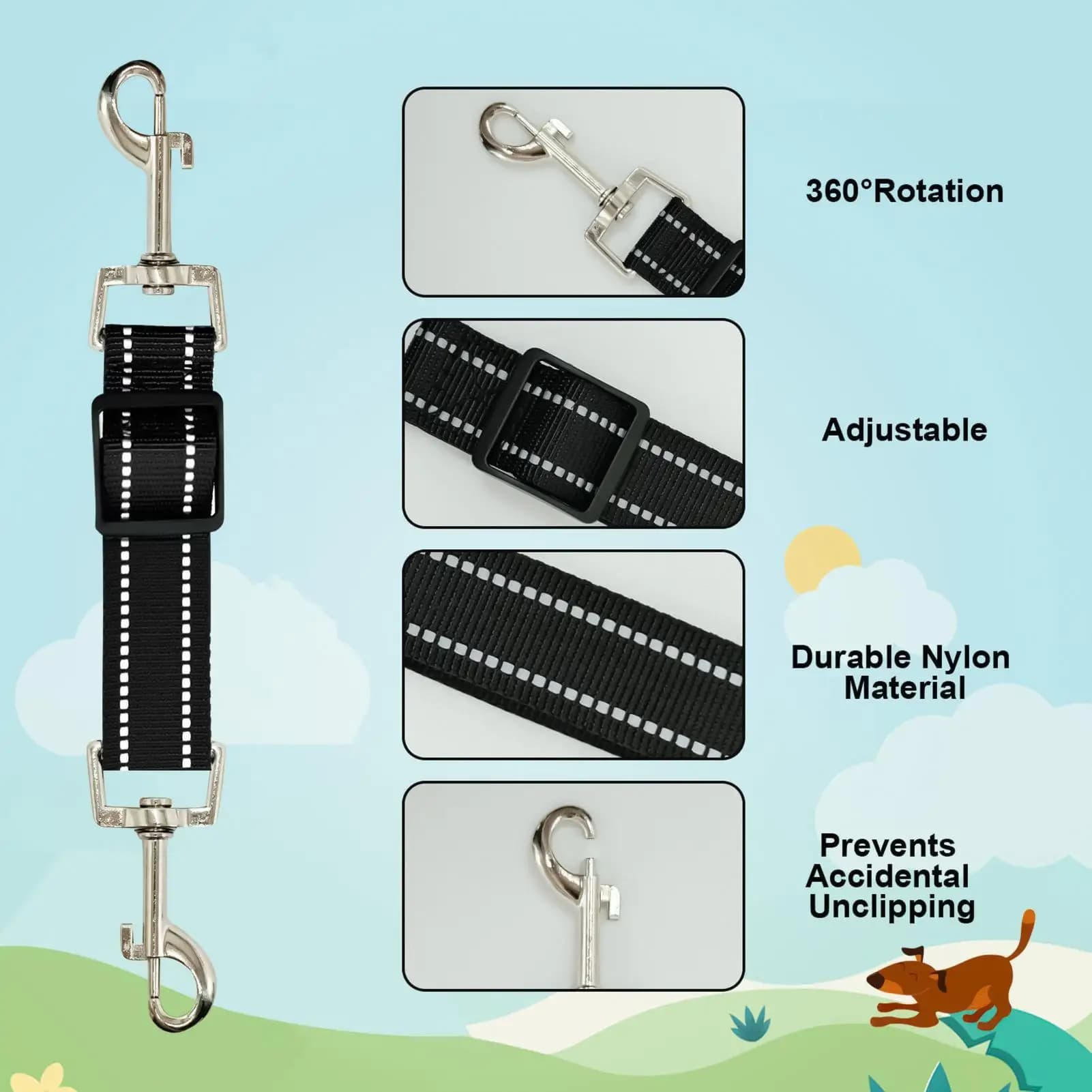 Clip di sicurezza riflettente per collare per cani, connettore per imbracatura anti-trazione, clip per collare per passeggiate, viaggi e addestramento all'aperto