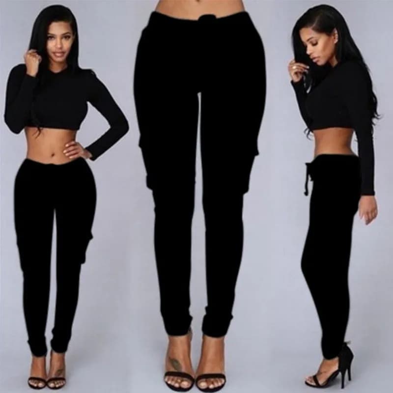 Women Casual Pants Woven Drawstring Waist Cargo Trousers Mid Waist Solid Color Long Belted Slim Fit Pants Black