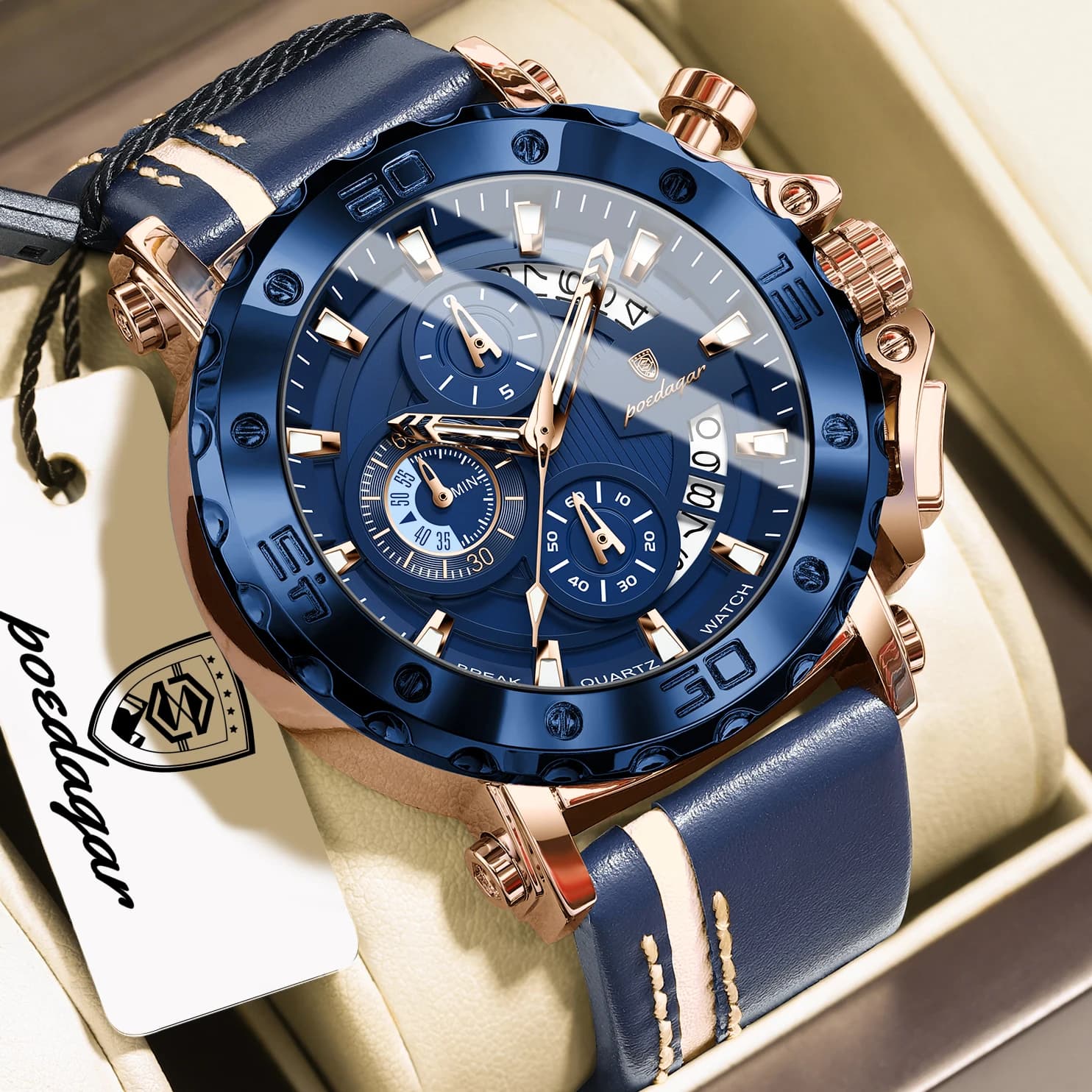 POEDAGAR Orologio da Polso Sportivo da Uomo alla Moda con Data, Impermeabile, Luminoso, Cronografo, in Pelle, al Quarzo, Casual