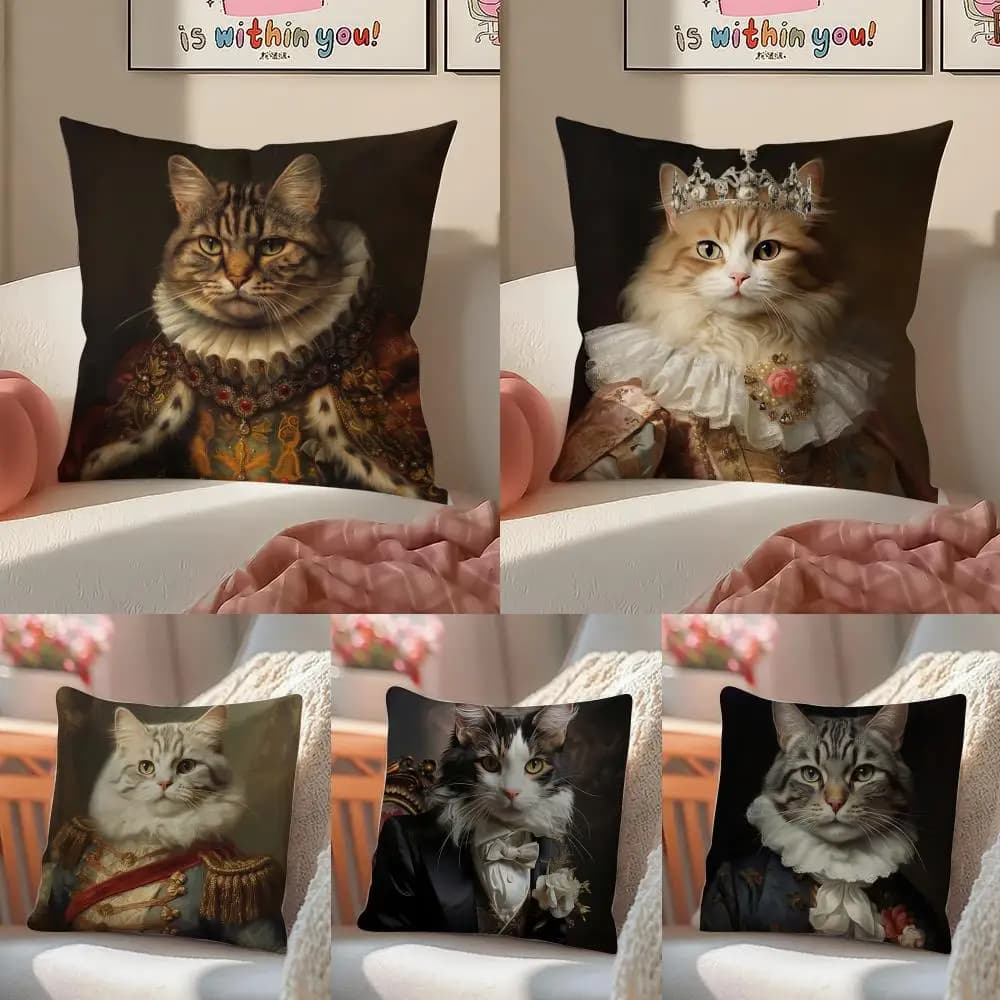 Fodera per cuscino divertente con gatto reale rinascimentale, in lino, morbida, decorativa per divano e casa