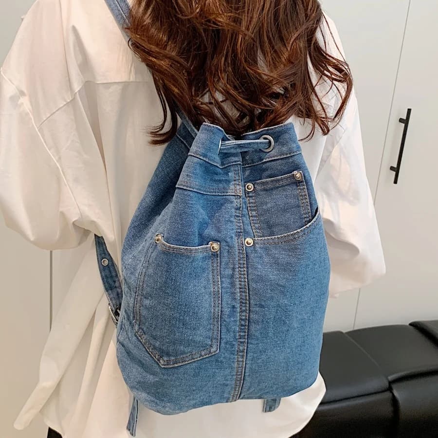 Zaini femminili in denim Zaino scolastico casual per ragazze adolescenti Zaino da donna con coulisse di lusso borsa da donna blu