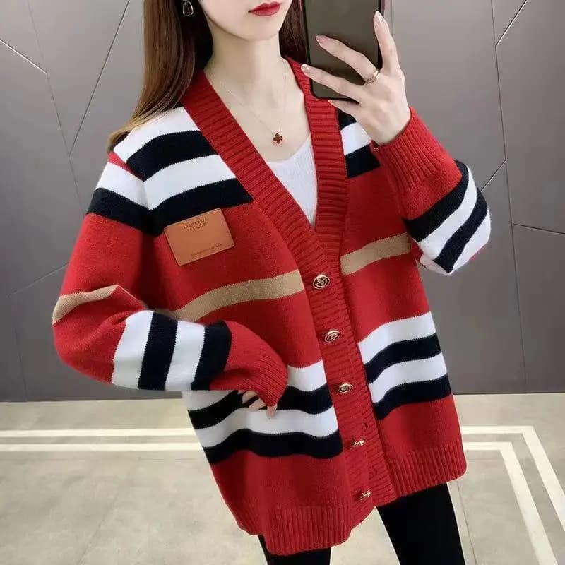 Cardigan lavorato a maglia oversize da donna autunno nuove donne vestiti maglione allentato cappotto top a maniche lunghe con scollo a V a righe alla moda