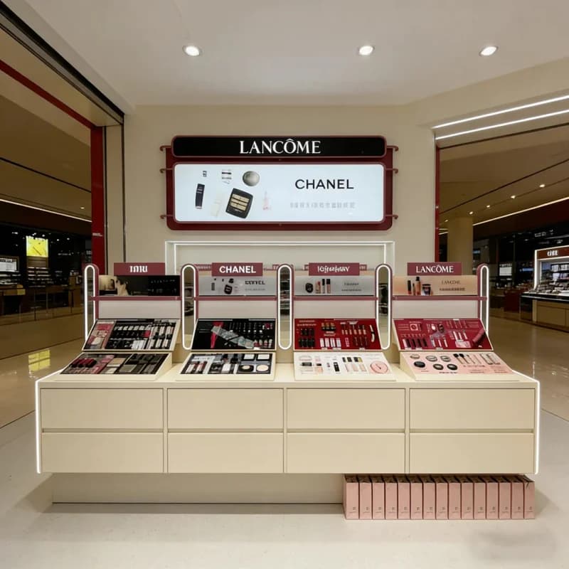 Mobiletto bianco opaco personalizzato con striscia LED integrata, espositore in legno per cosmetici per negozi di trucco