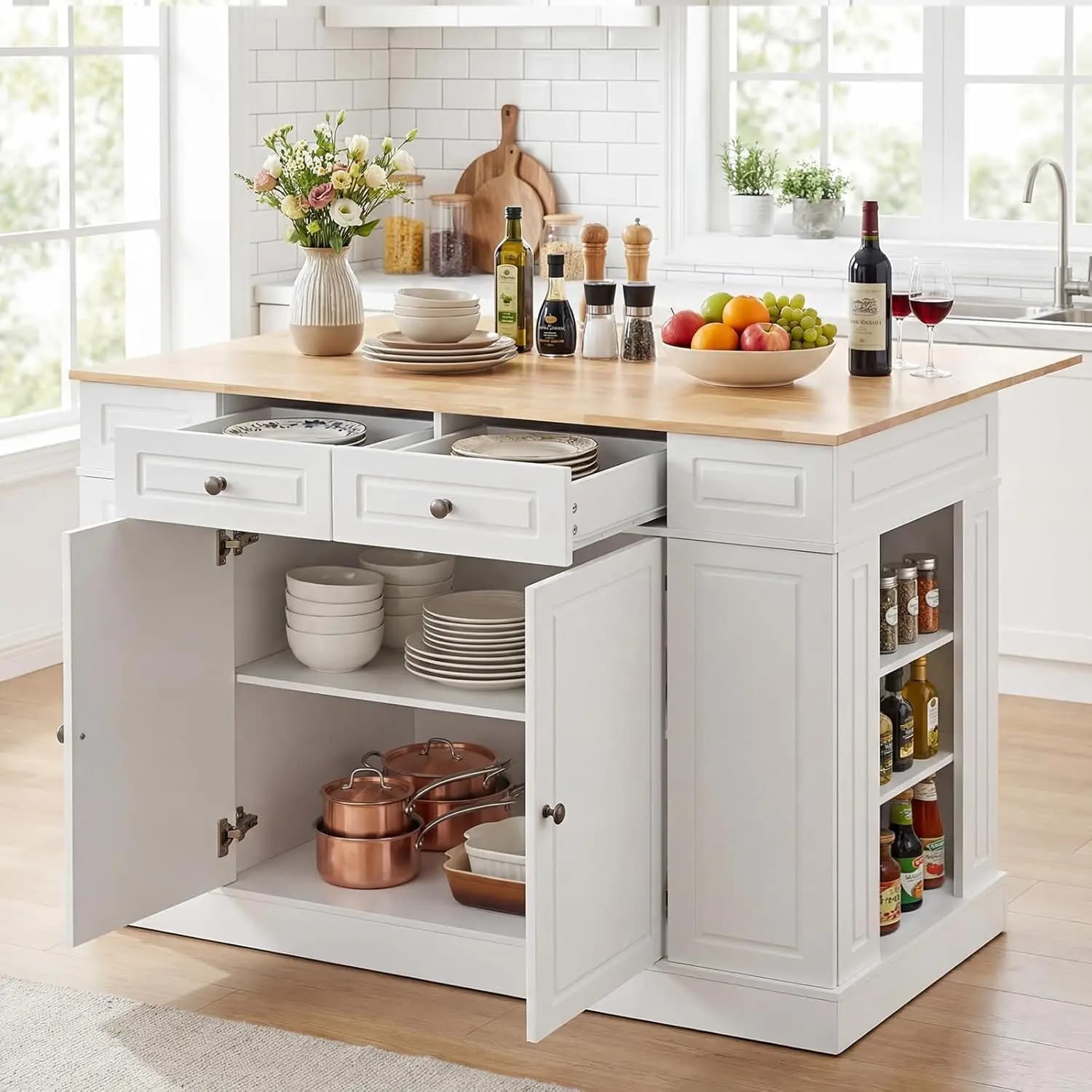 Isola da Cucina 48 Pollici con Piano Ribaltabile in Legno di Gomma, 2 Cassetti, Ripiano Regolabile, Stile Butcher Block, per Soggiorno, Sala da Pranzo o Bar, Bianca, Personalizzabile