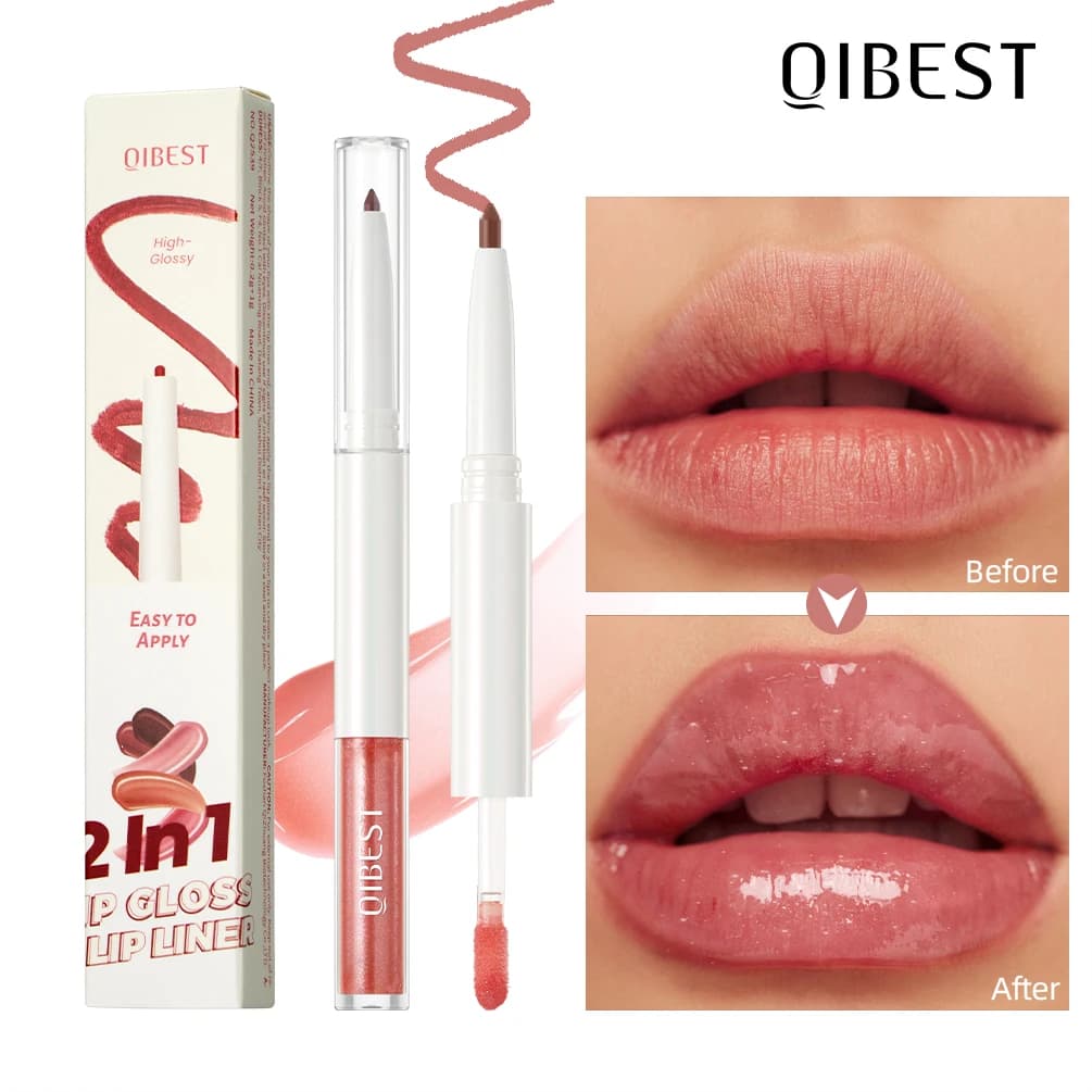QIBEST Double Ended Velvet Brown Lip Liner Pencil Mirror Lip Glaze Moisturizing Water Light Lip Gloss Makeup Lip Contour Stick