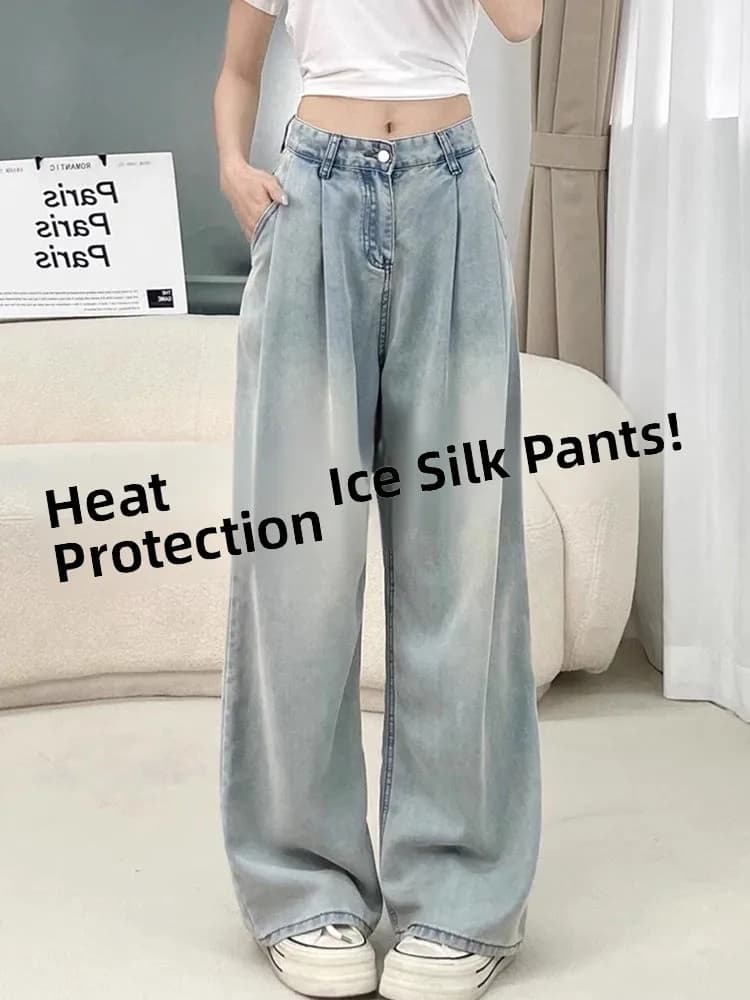 Women's strong silk denim jeans, spring, thin, high waist, straight leg, long to the floor, comfortable and wide fit