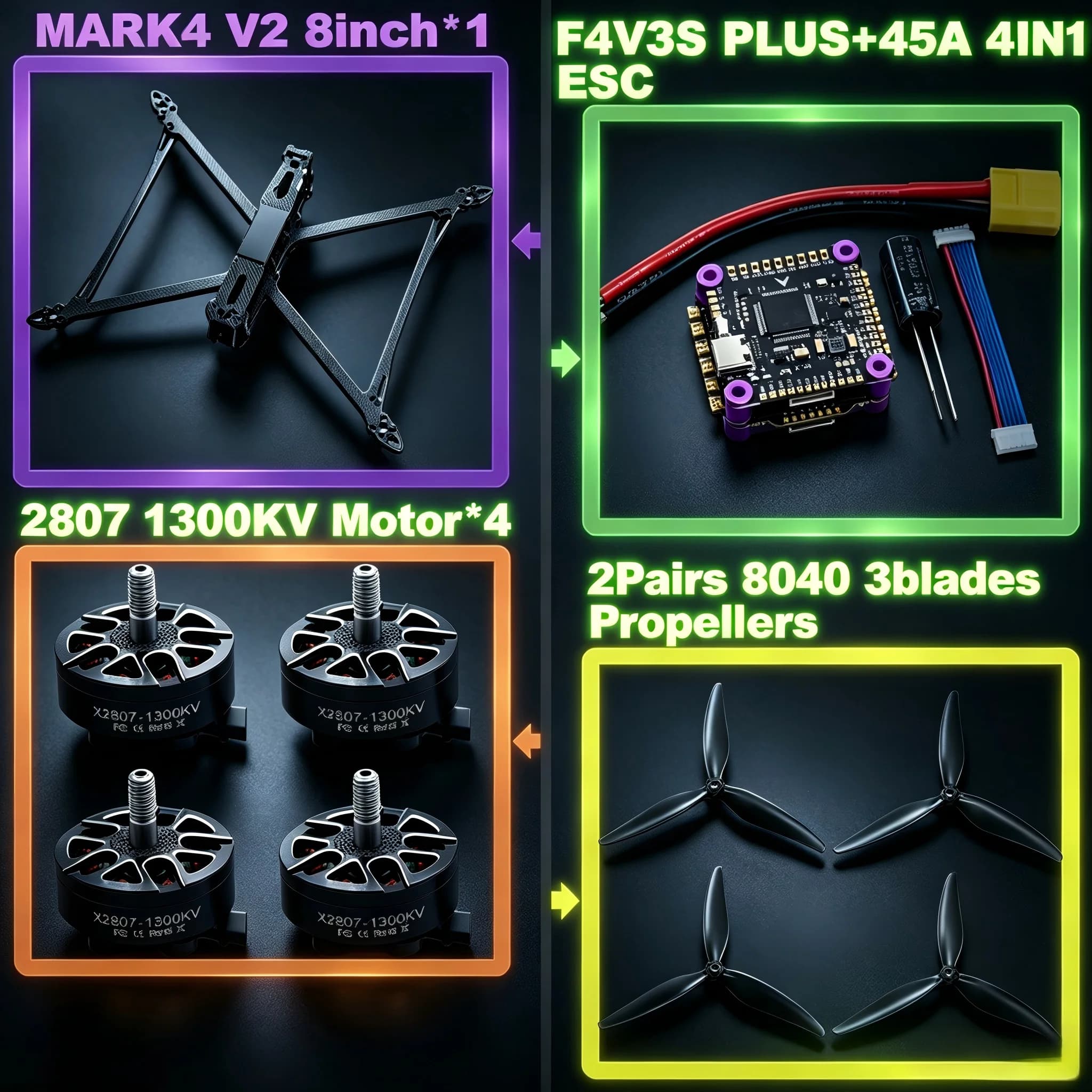 Drone da corsa FPV in fibra di carbonio F4V3S/F4V3S PLUS con controllo di volo MARK4 V2, ESC 4INI da 8 pollici 45/60A, per Freestyle e Racing