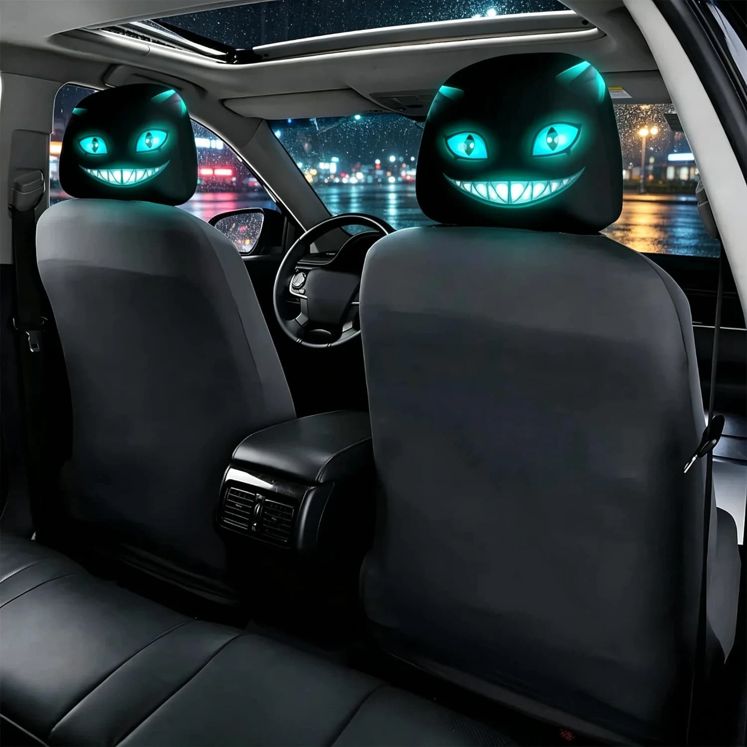 2pcs Smiling Cat Car Seat Headrest Pillow Covers Black with Glowing Blue Eyes Car Accessories Durable Comfortable Interior Decor