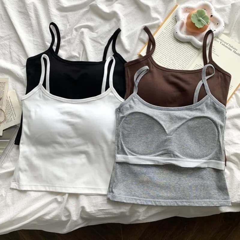 Thin sleeveless top with straps in plain color from Korean woman 1 piece with padding on the chest