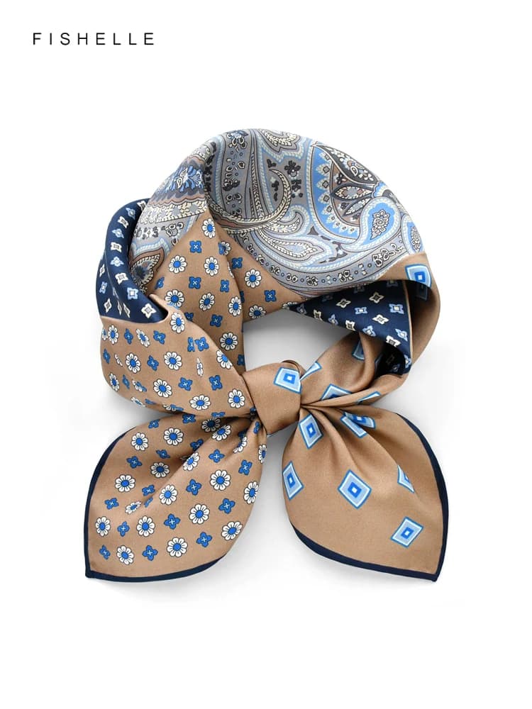 New small square scarf in natural silk patchwork camel color for women's hijab scarves men's spring fall woman gifts luxury