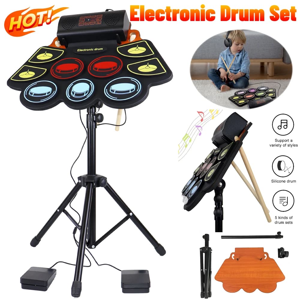 Set di batteria elettronica con bacchette per batteria Pedali Batteria musicale 9 Pad Roll-Up Drum Strumento musicale per batteria elettronica per bambini Adulti