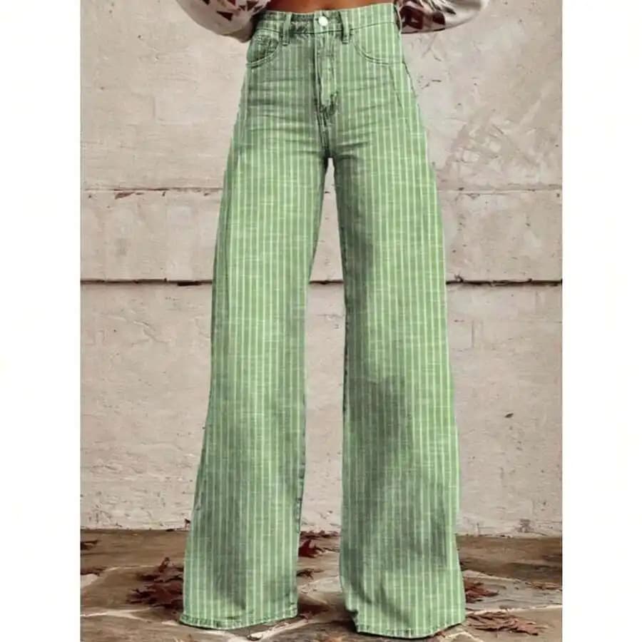 Womens Green Striped Wide Leg Jeans High Waist Casual Denim Pants