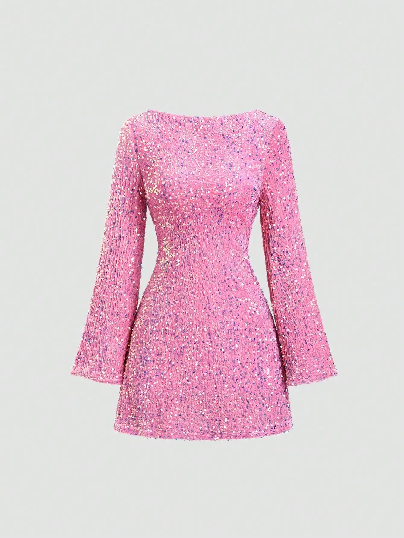 Mini Abito Rosa con Paillettes a Maniche Lunghe, Maniche Svasate e Vita Arricciata