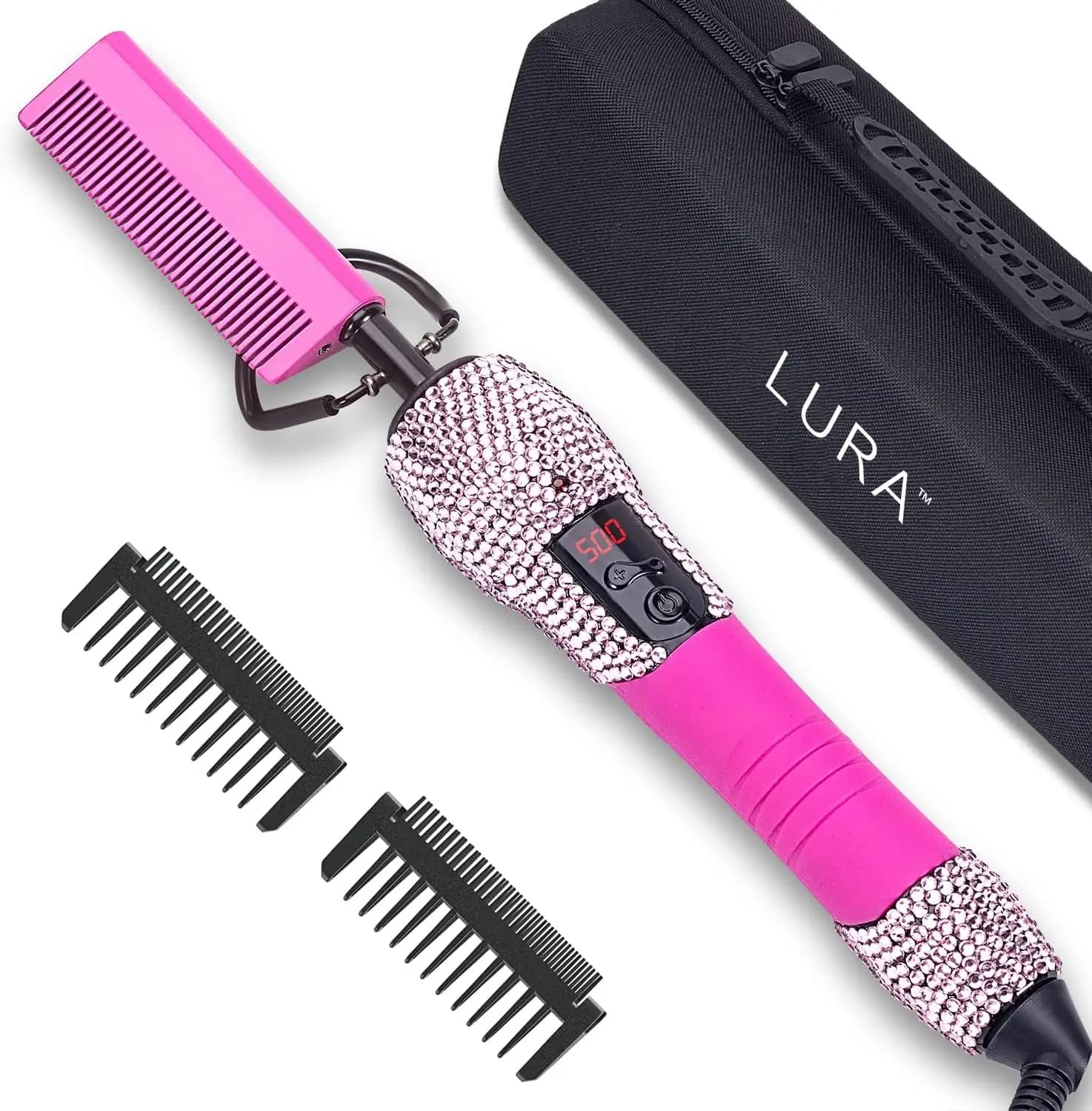 Pettine Elettrico Rosa per Parrucche, Pettine Lisciante con Design in Strass, 15 Impostazioni di Calore per Tutti i Tipi di Capelli