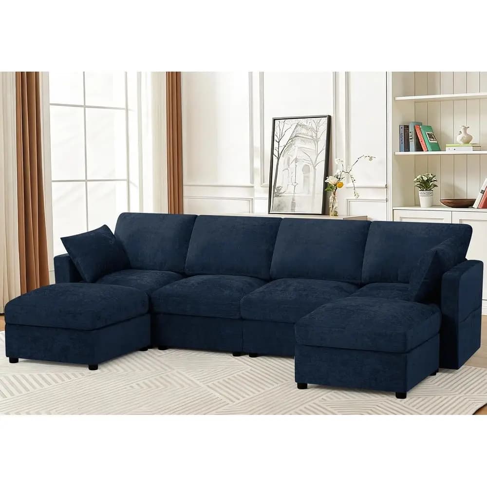 U-Shaped Chenille 4 Seater Sofa with Ottomans and Arm Pillows, Blue