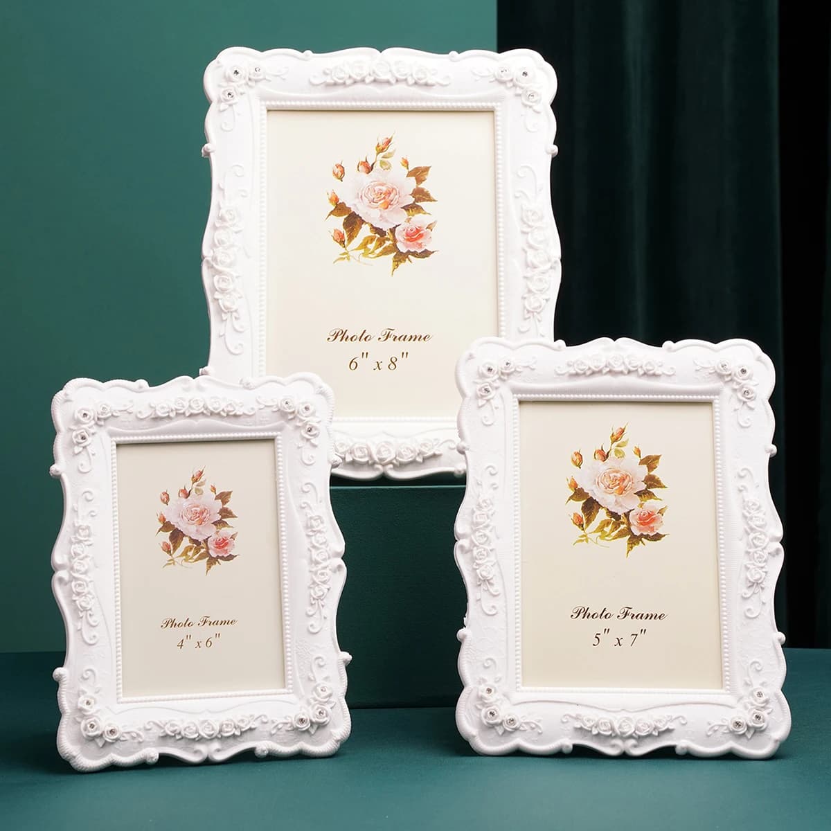 1 piece, rose embossed photo frame in white resin material, suitable for decorative frame for bedroom, study and office desk