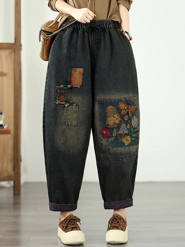 Loose Casual Embroidered Harajuku Dad Jeans plus Size High Waist Wide Leg Pants Artistic Slimming Fit Early Autumn New Style