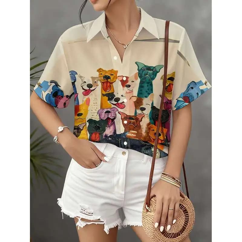 Women's Button Up Dog Printed Short Sleeve Shirt Casual Commuting Machine Washable