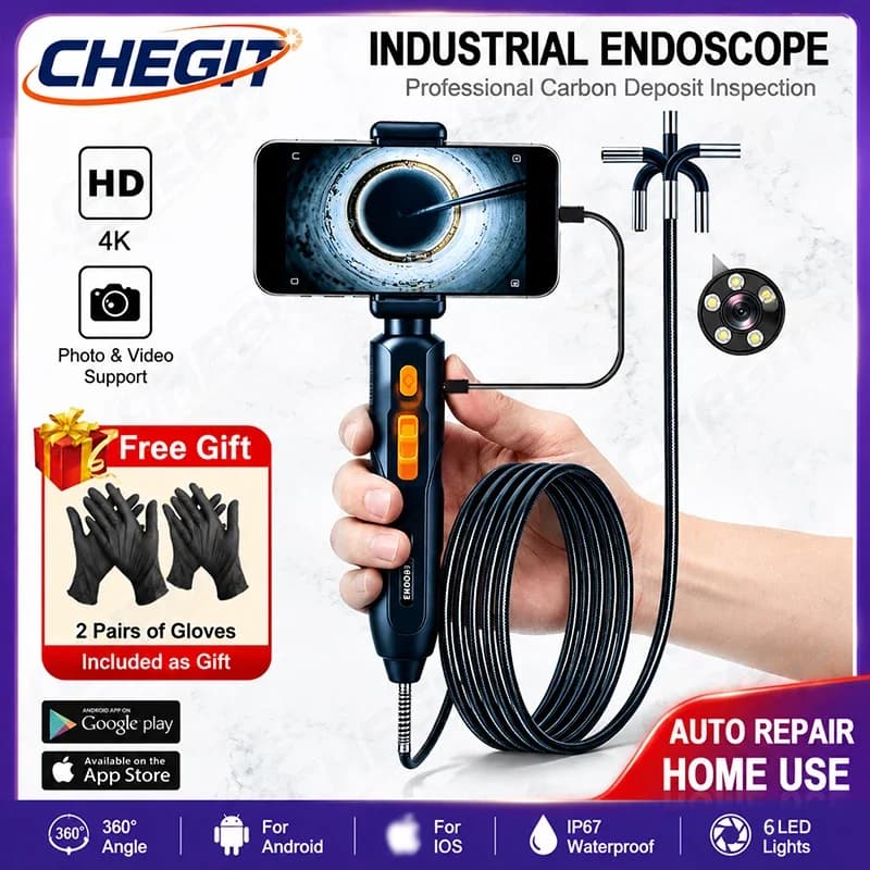 Telecamera Endoscopica Impermeabile IP67 4K UHD 360° ° Telecamera endoscopica articolata per boroscopio per telefono Android/iOS, uso domestico