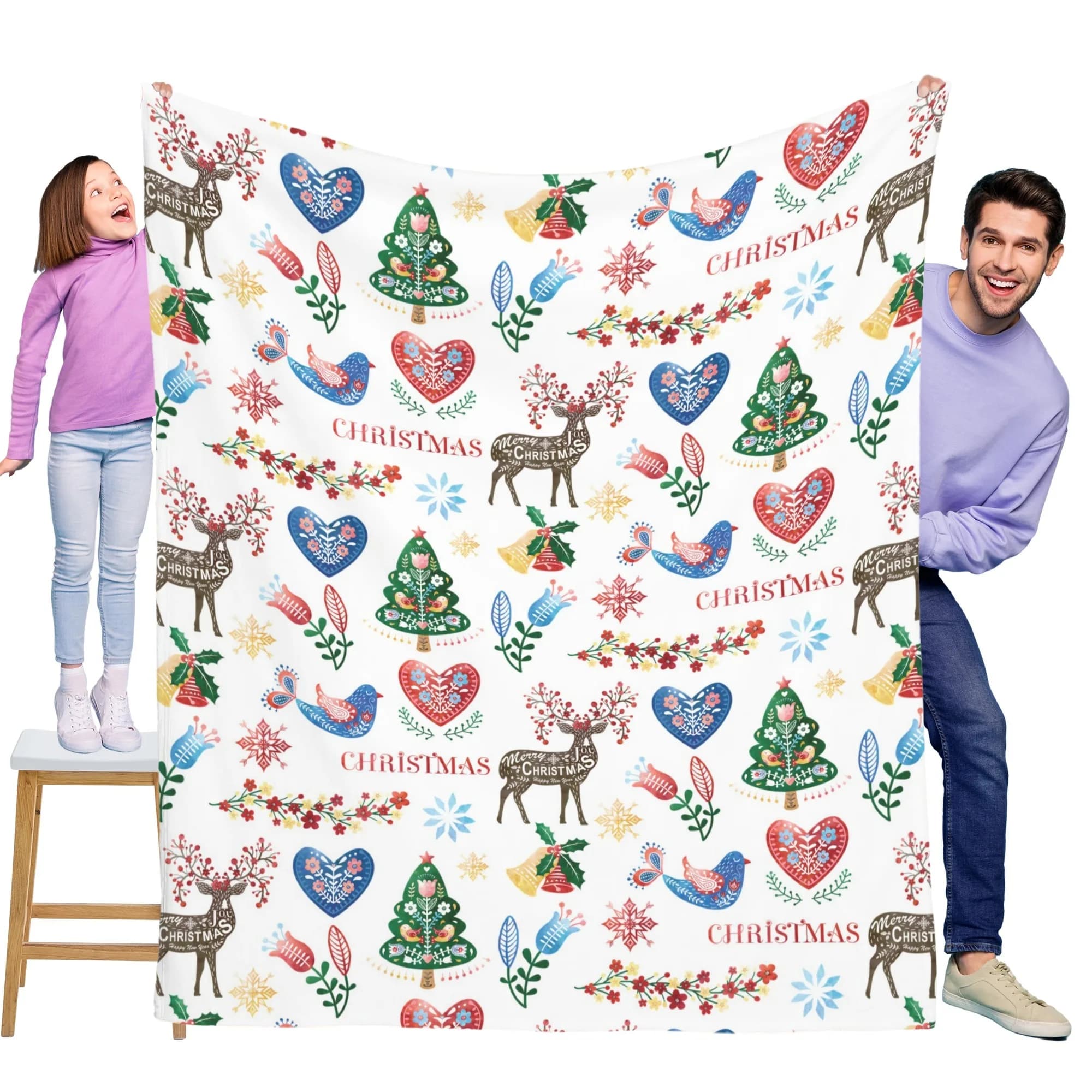 Coperta natalizia in flanella colorata in stile folk, morbida e calda, perfetta per divani, letti, uffici e viaggi