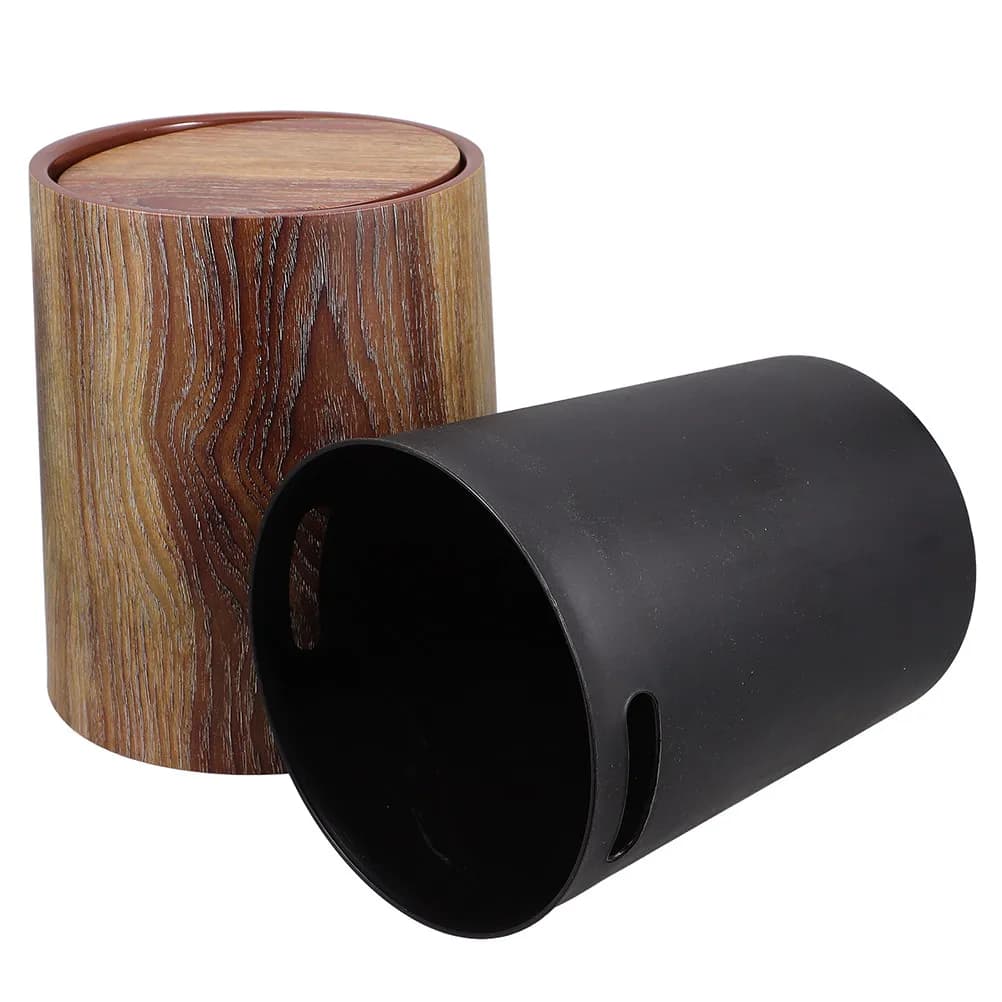 Round Plastic Trash Can Imitation Wood Grain Swing Lid Household Office Bedroom Wastebasket Garbage Bin Plastic Trash Can