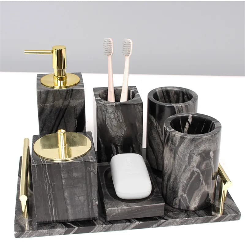 Dispenser di sapone liquido da bagno in pietra di marmo naturale personalizzato portaspazzolino vassoio per tazza di gargarismi tampone di cotone/scatola di fazzoletti oro