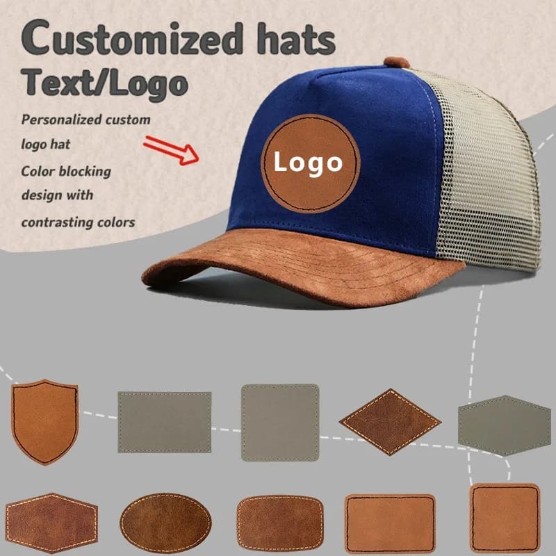 Leather Label Custom Logo Five Panels Suede Baseball Cap Man and woman Networked Truck Hat matched with spring and summer colors