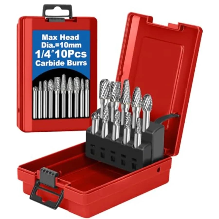 Set di 10 frese in carburo con gambo da 1/4 di pollice e scatola rossa, diametro massimo della testa 10 mm, ideale per smerigliatrici e utensili rotanti per metallo