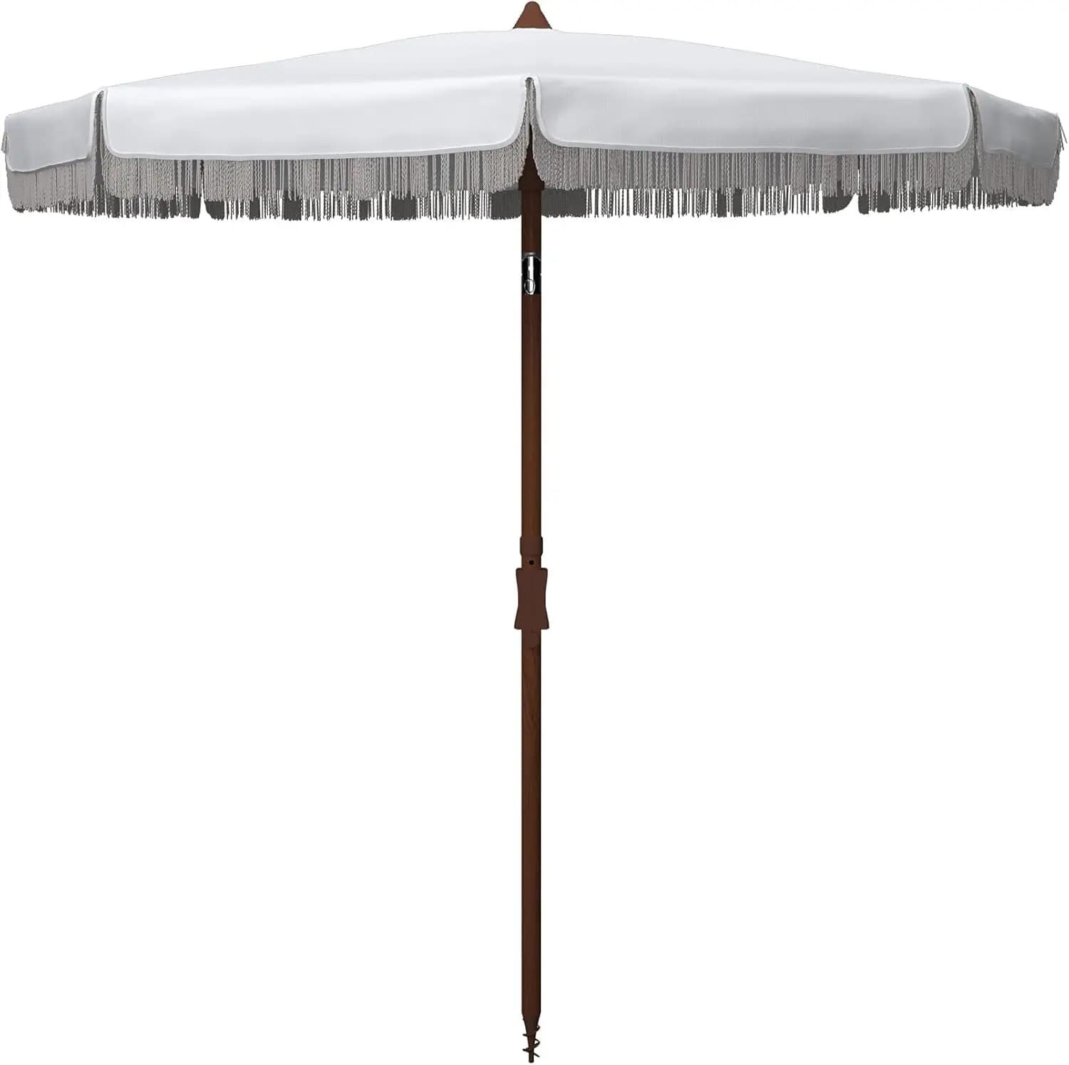Ombrellone da Esterno Rotondo da 6,5 Piedi, Collezione Estonia, con Frange, Bianco, Inclinazione a Pulsante, Resistente ai Raggi UV per Terrazza, Giardino, Patio