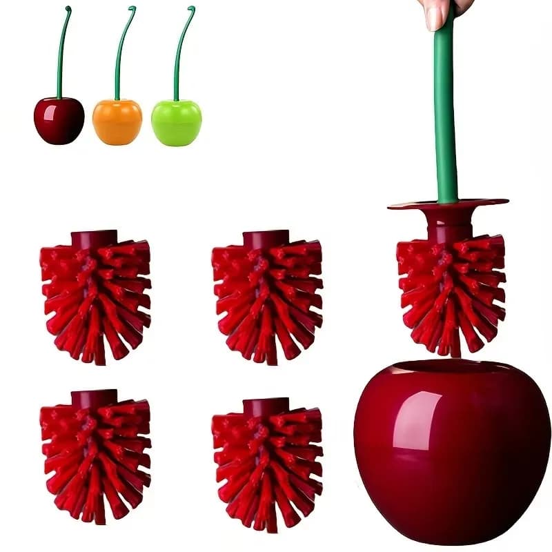 Set di scopini per WC a forma di ciliegia rosso arancione verde Manico lungo per la pulizia dell'angolo del bagno Accessorio con setole morbide in nylon sostituibile